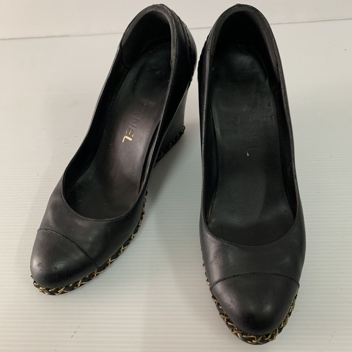 Chanel Chanel Black Leather Wedges Shoes Size US 7.5 / IT 37.5 - 2 Thumbnail
