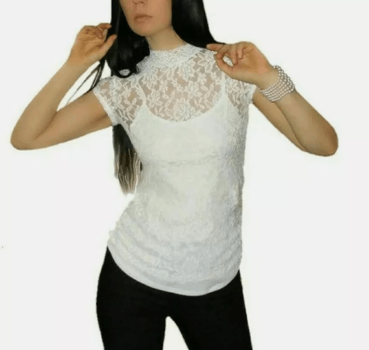 Vintage White Top Size S Women Floral Lace Sheer Mock Neck Size S / US 4 / IT 40 - 1 Thumbnail