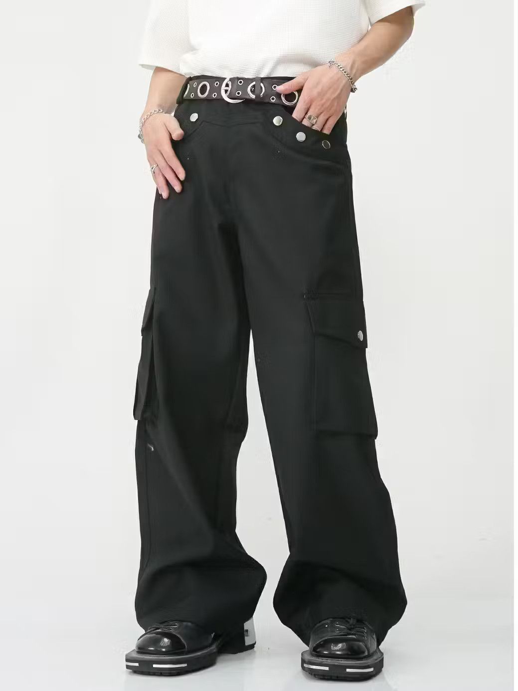 image of Vintage Hiphop Baggy Utility Flared Cargo Pants in Black, Men's (Size 34)