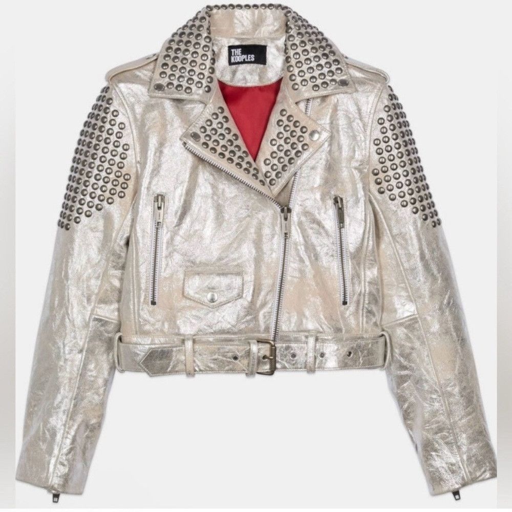 The Kooples The Kooples Silver Metallic Studded Cropped Leather Moto Size L / US 10 / IT 46 - 3 Thumbnail