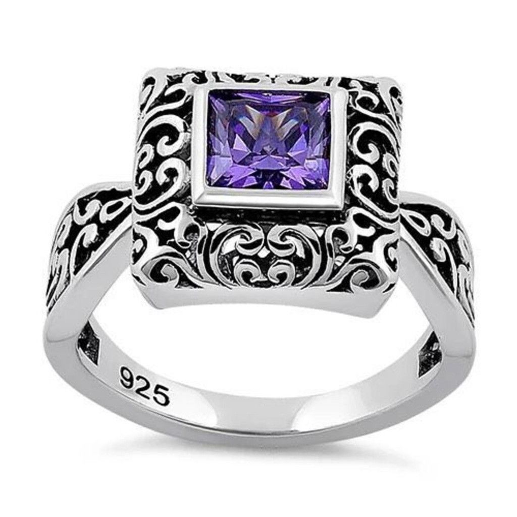 Other Sterling Silver Ornate Square Cut Amethyst CZ Ring Size 6 Size ONE SIZE - 1 Thumbnail