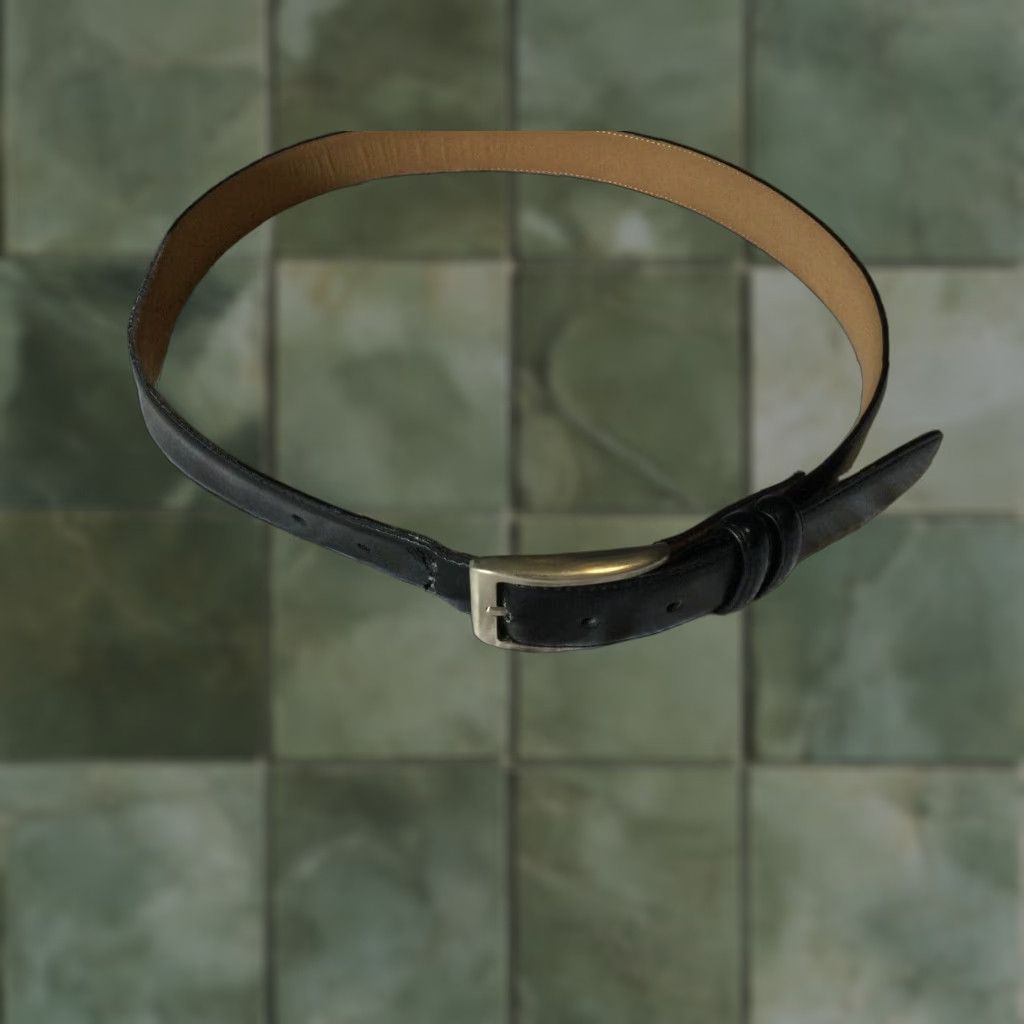 Vintage Men's Black Leather Dress Belt 38 Silver Tone Buckle Adjustable Regular Size 38 - 1 Thumbnail