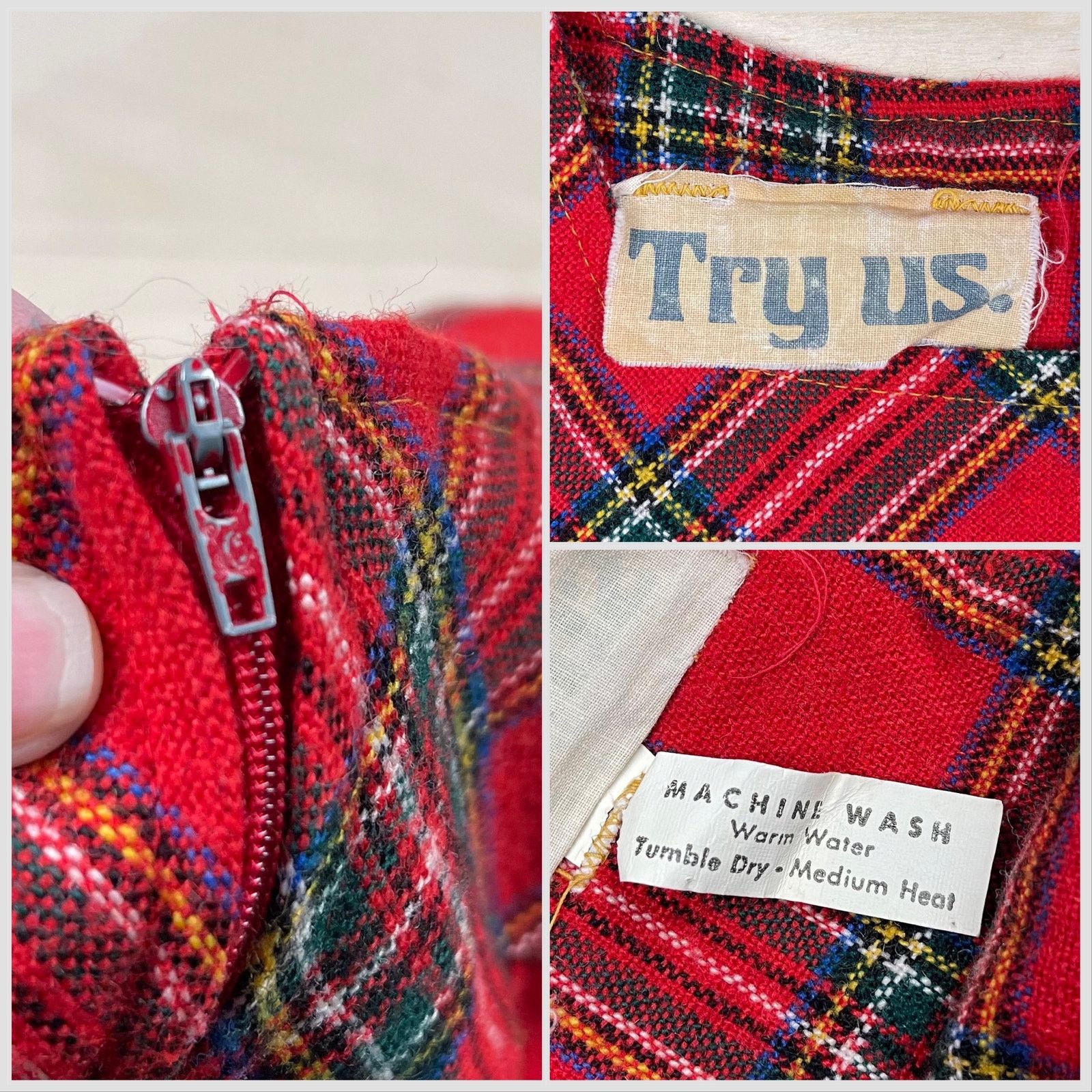 Vintage 1970s Red Tartan Plaid A-Line Pinafore Jumper Dress