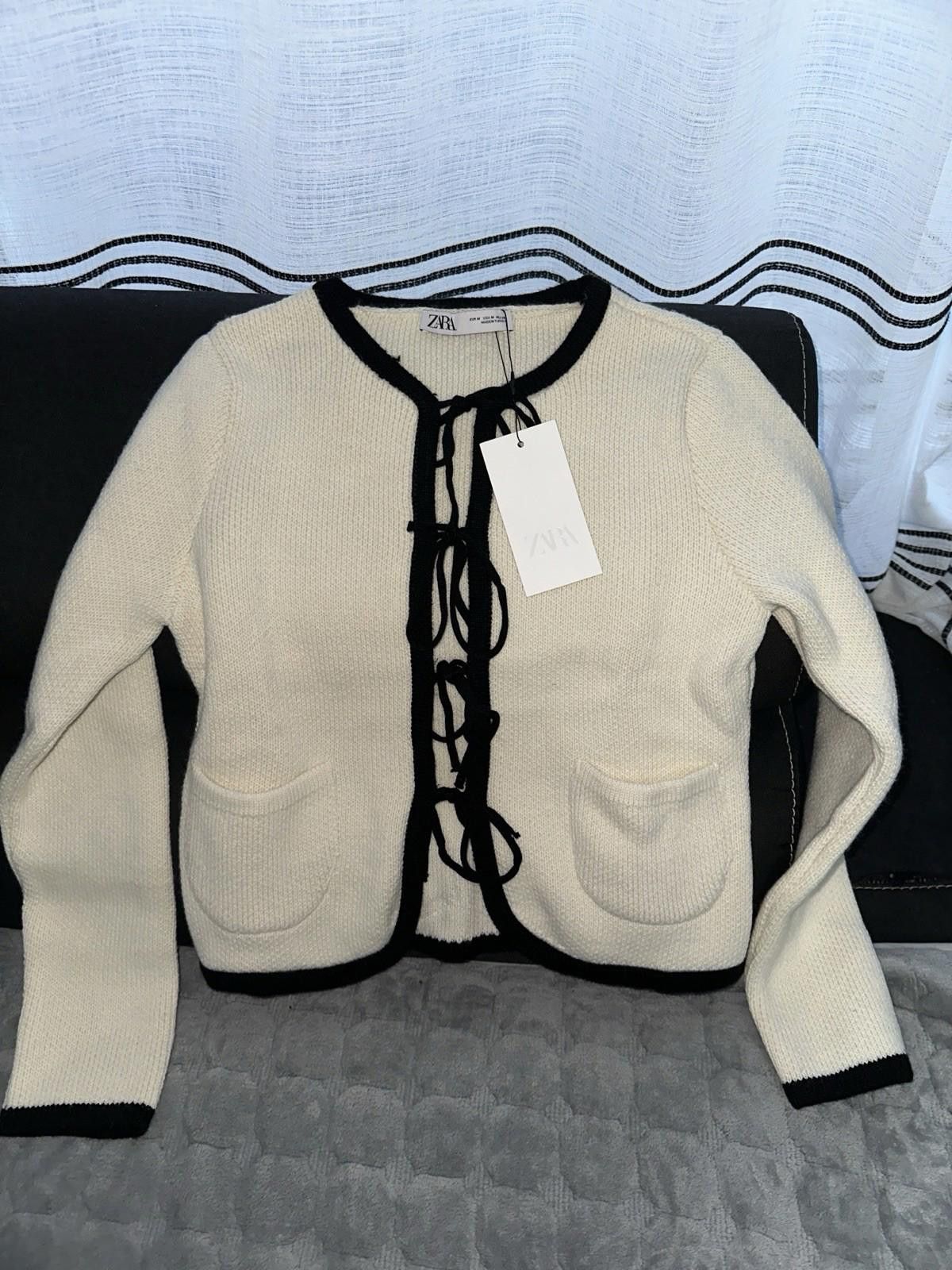 Zara Zara Cream Cardigan With Black Ties Size M / US 6-8 / IT 42-44 - 1 Thumbnail
