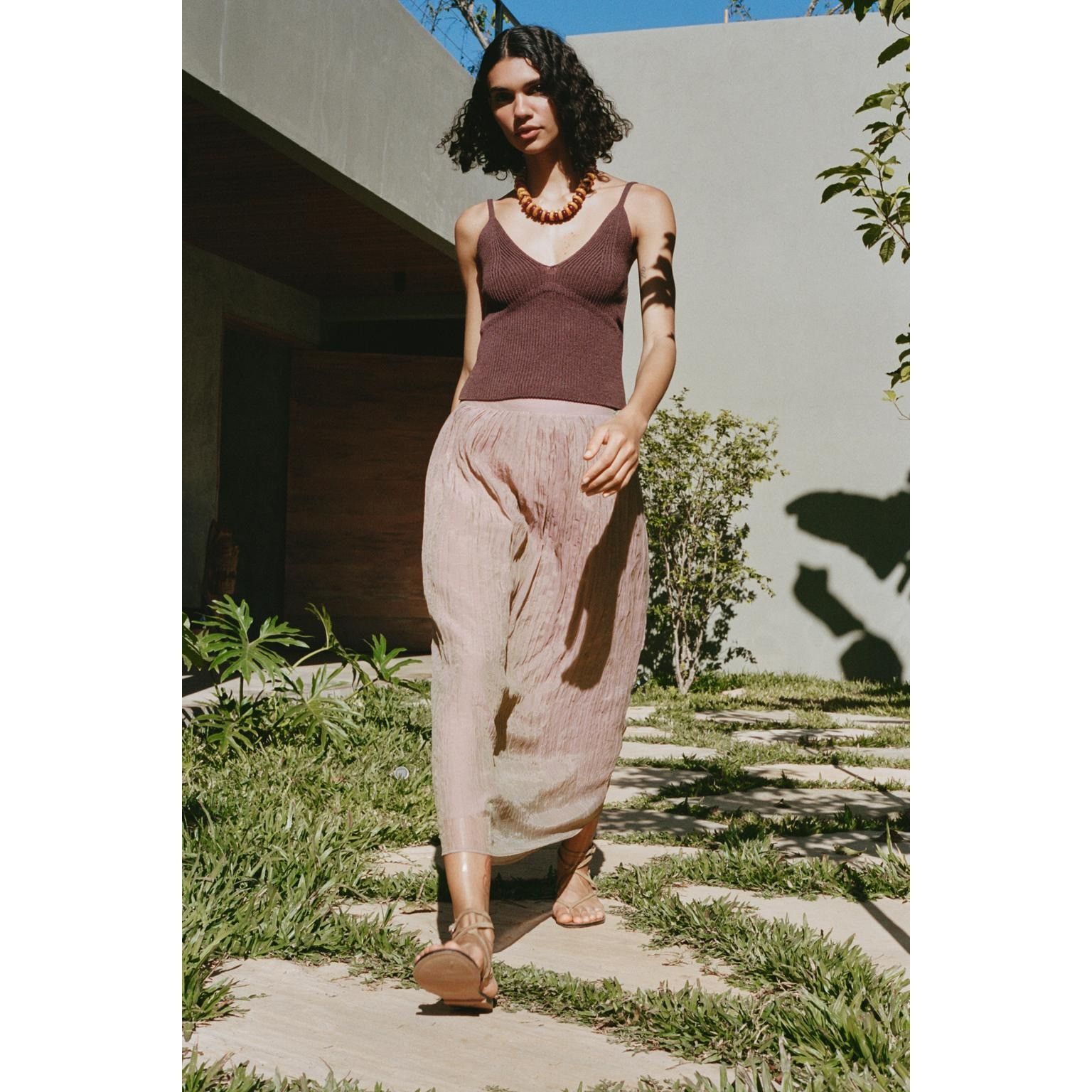Zara Zara Wrinkle Effect Elastic Waist Pale Pink Lined Midi Skirt Size 27" / US 4 / IT 40 - 3 Thumbnail