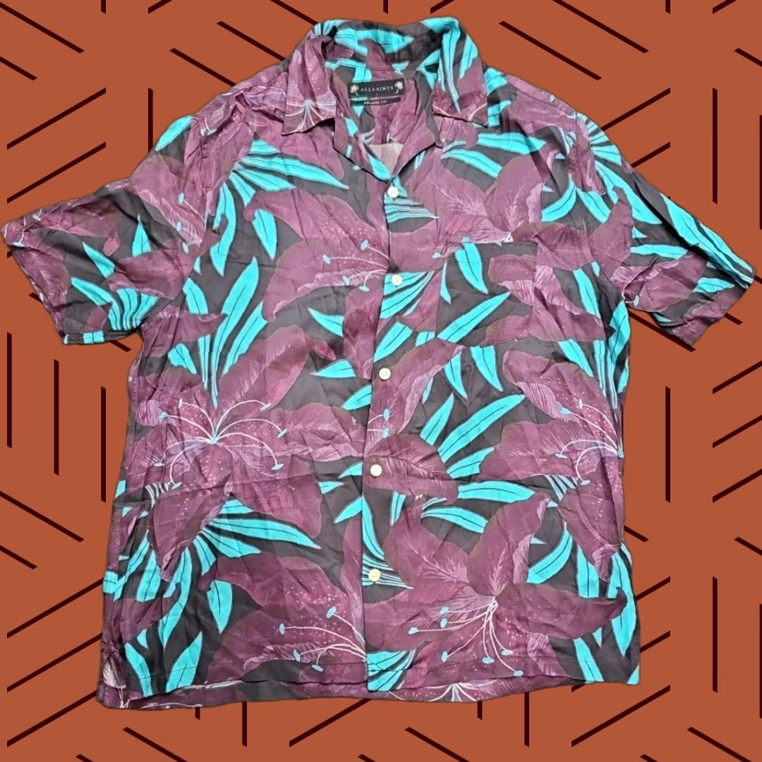 Allsaints AllSaints Shirt Men L Purple Teal Floral Loop Camp Collar Hawaiian Shirt Size US L / EU 52-54 / 3 - 1 Thumbnail
