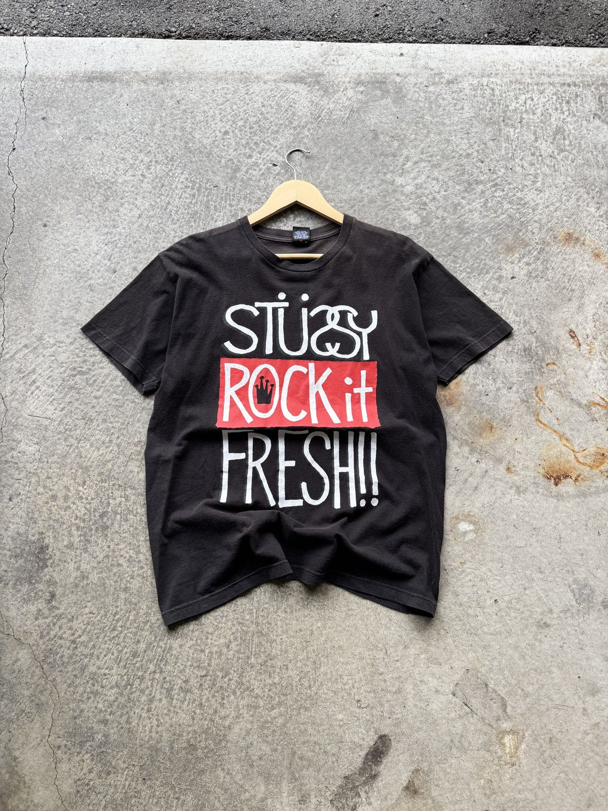 Vintage 1990s rare stussy rock it fresh graphic t shirt