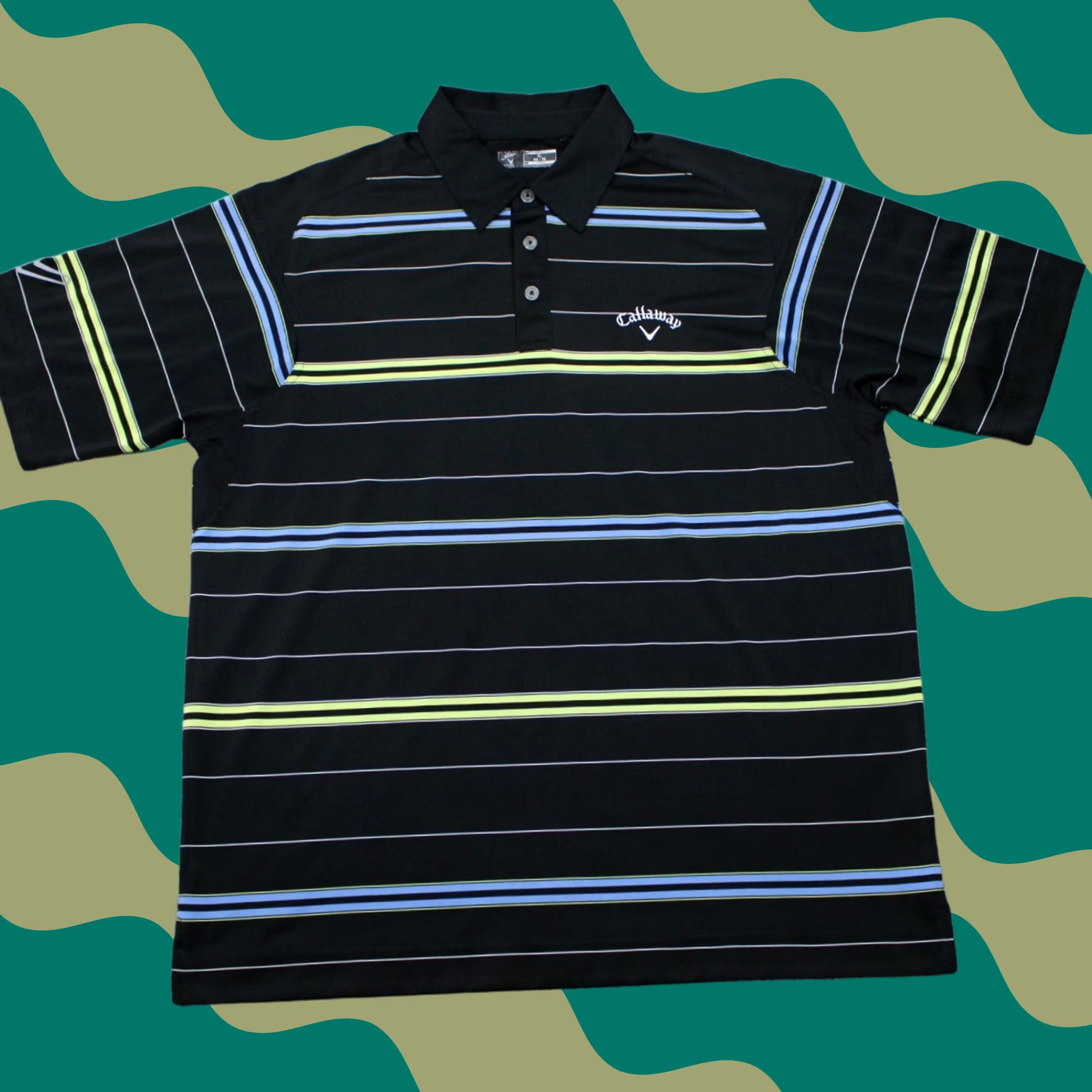 Callaway Callaway Polo Shirt Mens XL Black w/ Yellow/Blue Stripes Short Sleeve Polo Golf Logo Striped Breathable 100% Polyester Regular Fit Size US XL / EU 56 / 4 - 1 Thumbnail