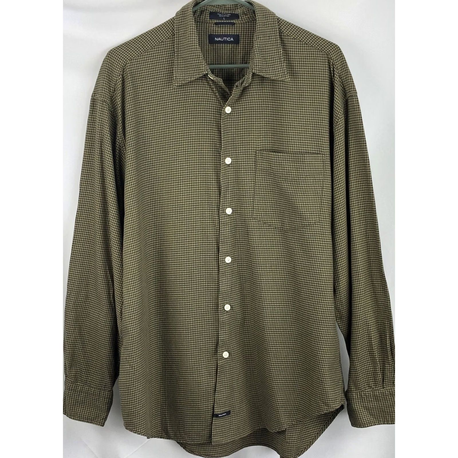 Nautica Nautica Shirt L Olive Green Houndstooth Plaid Career Preppy Academia Size US L / EU 52-54 / 3 - 4 Thumbnail