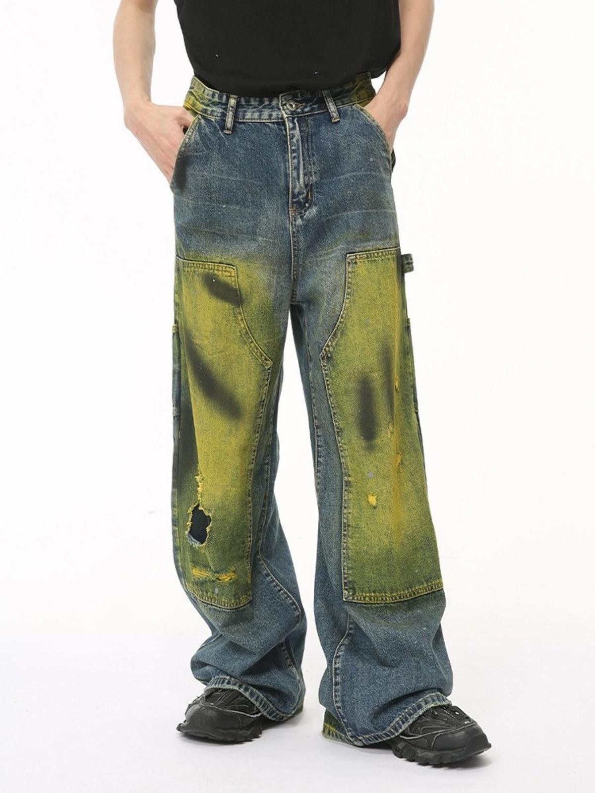 Vintage Green Paint Carpenter Straight Baggy Wide Leg Denim Jeans Size US 30 / EU 46 - 4 Thumbnail