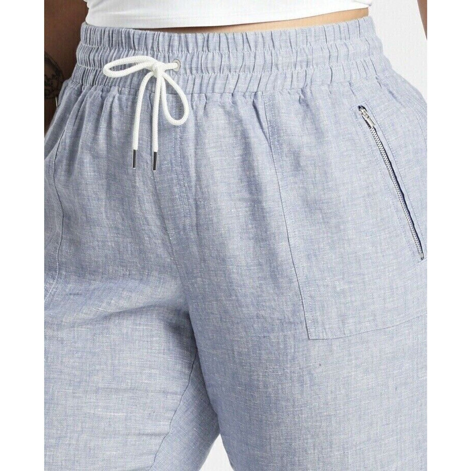 Athleta Athleta Chambray Cabo Linen Jogger Tie Waist Front Zip 4 Size 27" / US 4 / IT 40 - 3 Thumbnail