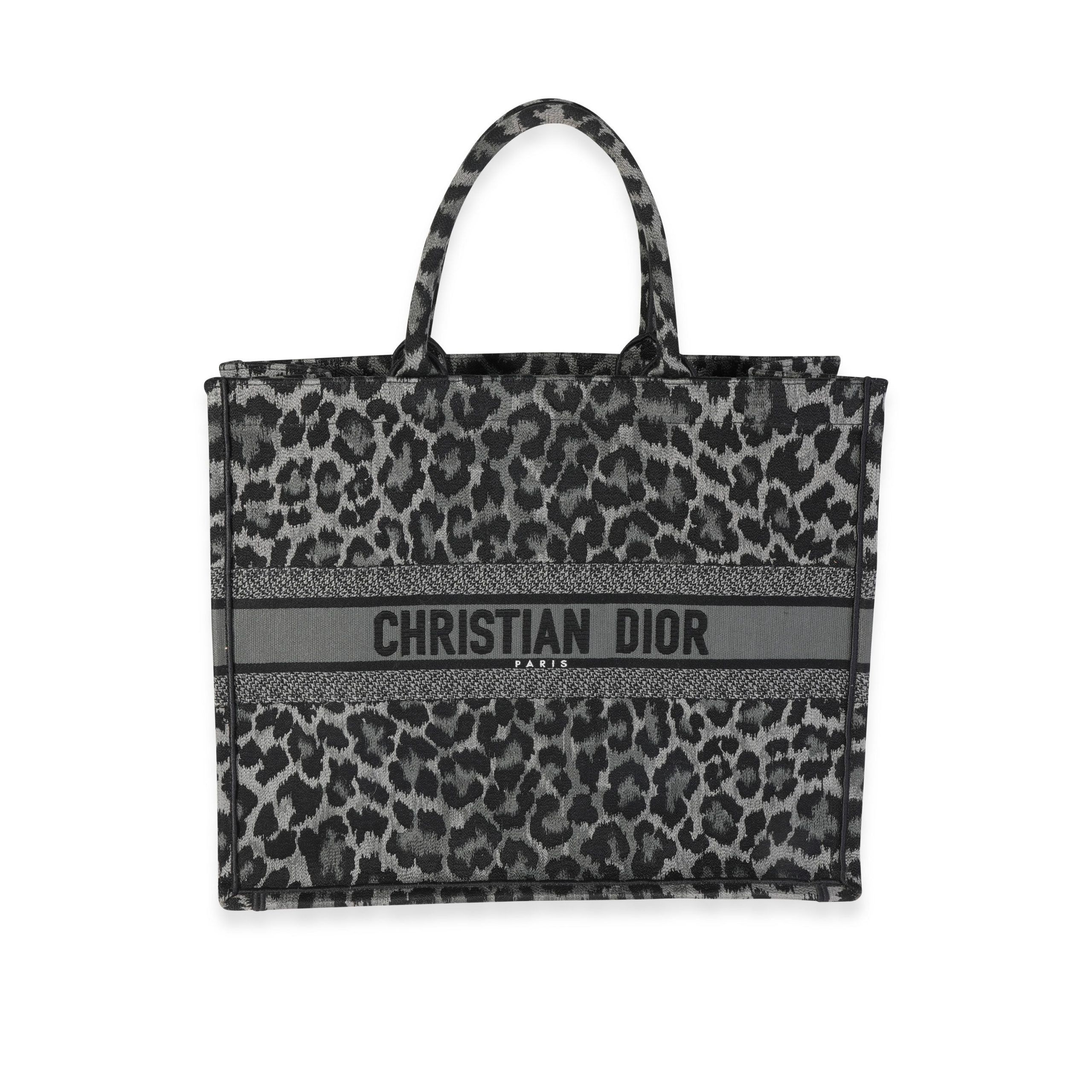 image of Dior Black & Gray Leopard Mizza Embroidery Large Book Tote, Women's