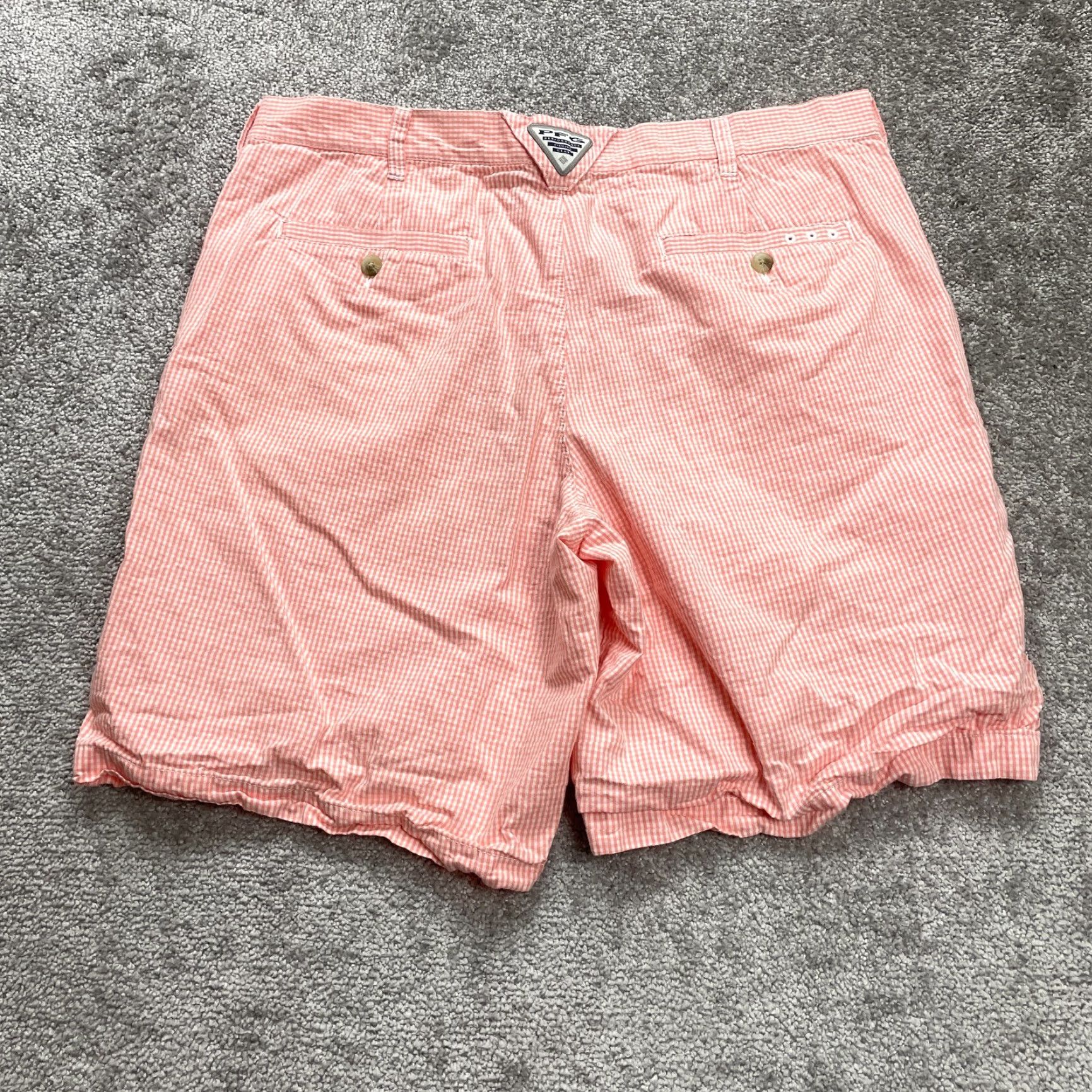 Vintage Columbia Shorts Mens 36x9 Chino Orange White Checkered Cotton PFG Super Bonehead Size US 36 / EU 52 - 2 Thumbnail