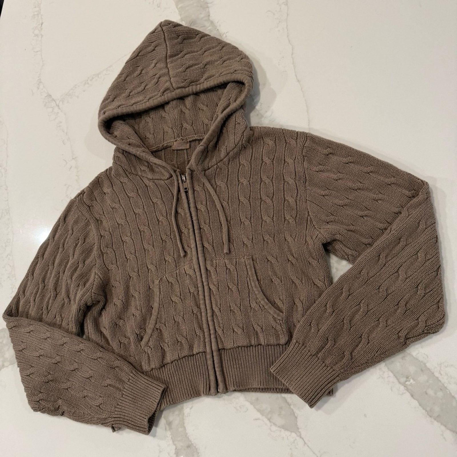 Brandy Melville John Galt Crystal Cable Knit Hoodie Women’s OS Brown FullZip Size S / US 4 / IT 40 - 6 Thumbnail