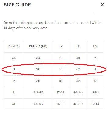 Kenzo shirt size chart sale