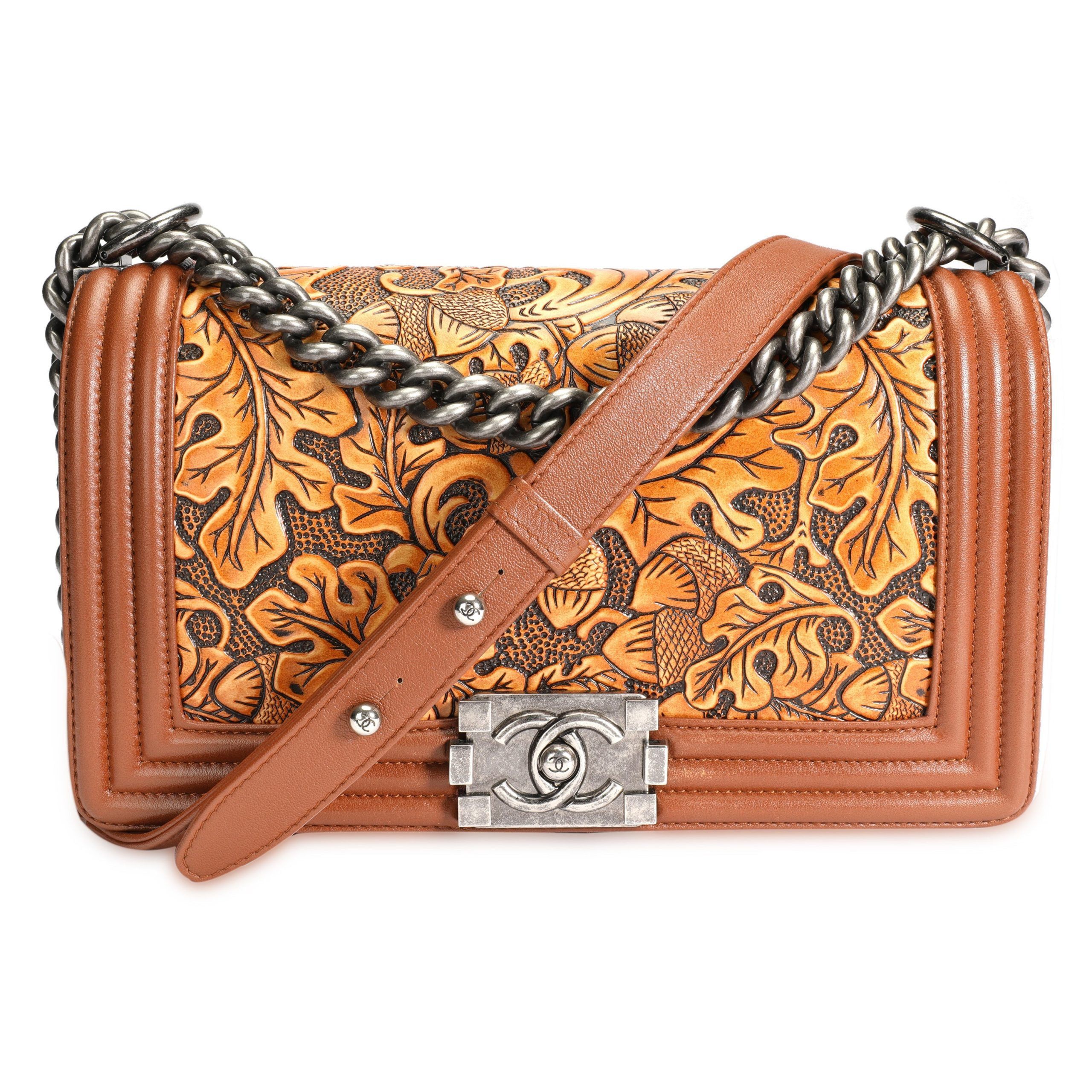 Chanel Brown Tooled Leather Cordoba Medium Boy Bag with Ruthenium Hardware