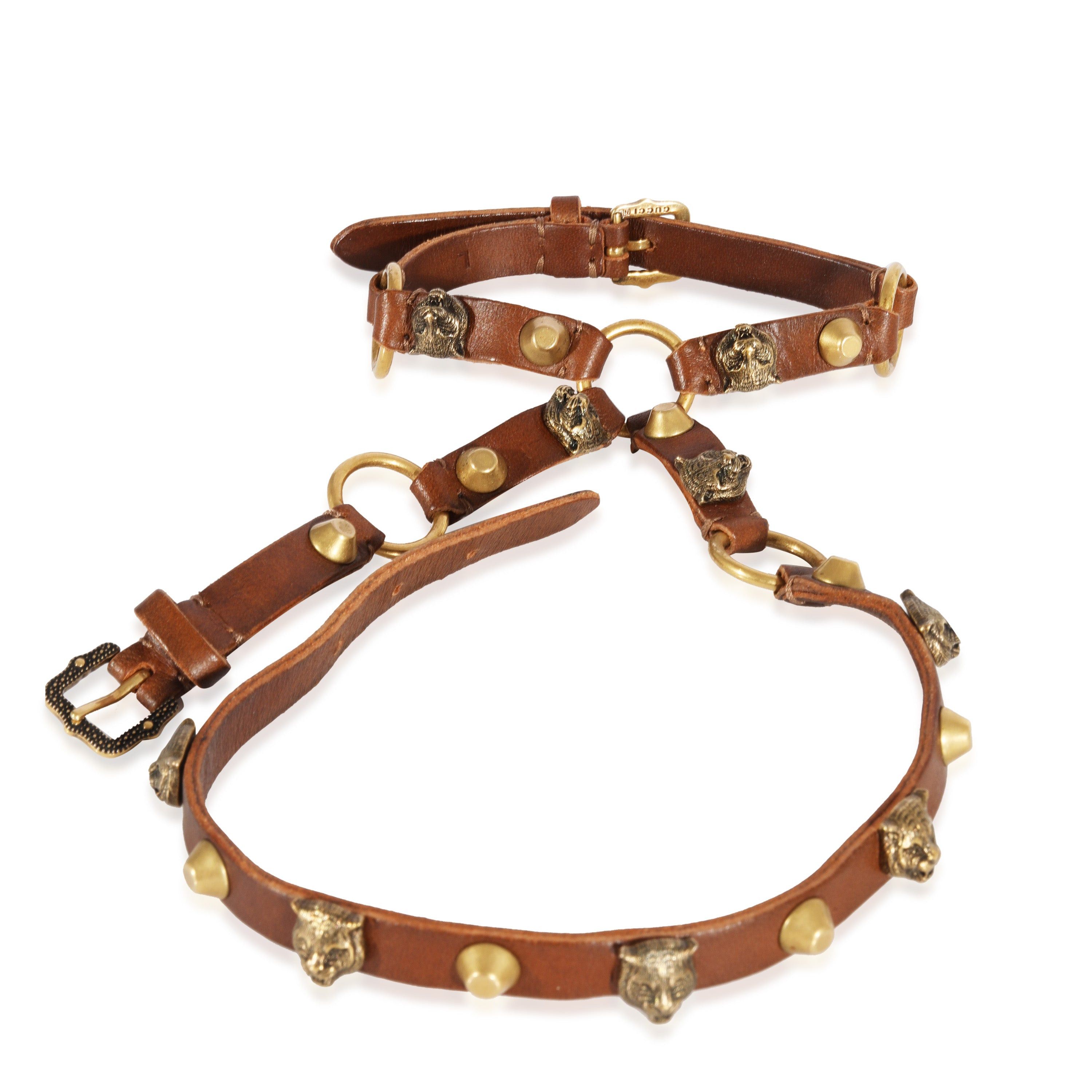 image of Gucci Gold Tone Feline Head Palm Wrap Bracelet In Brown Leather, Women's