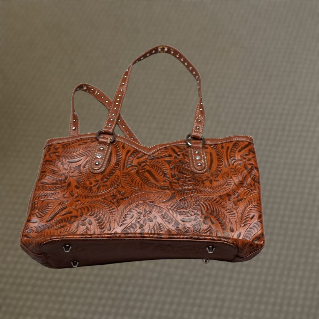 Vintage Blazin Roxx Tote Bag Women OS Brown Tooled Leather Studded Cross Western Rustic Size ONE SIZE - 1 Thumbnail
