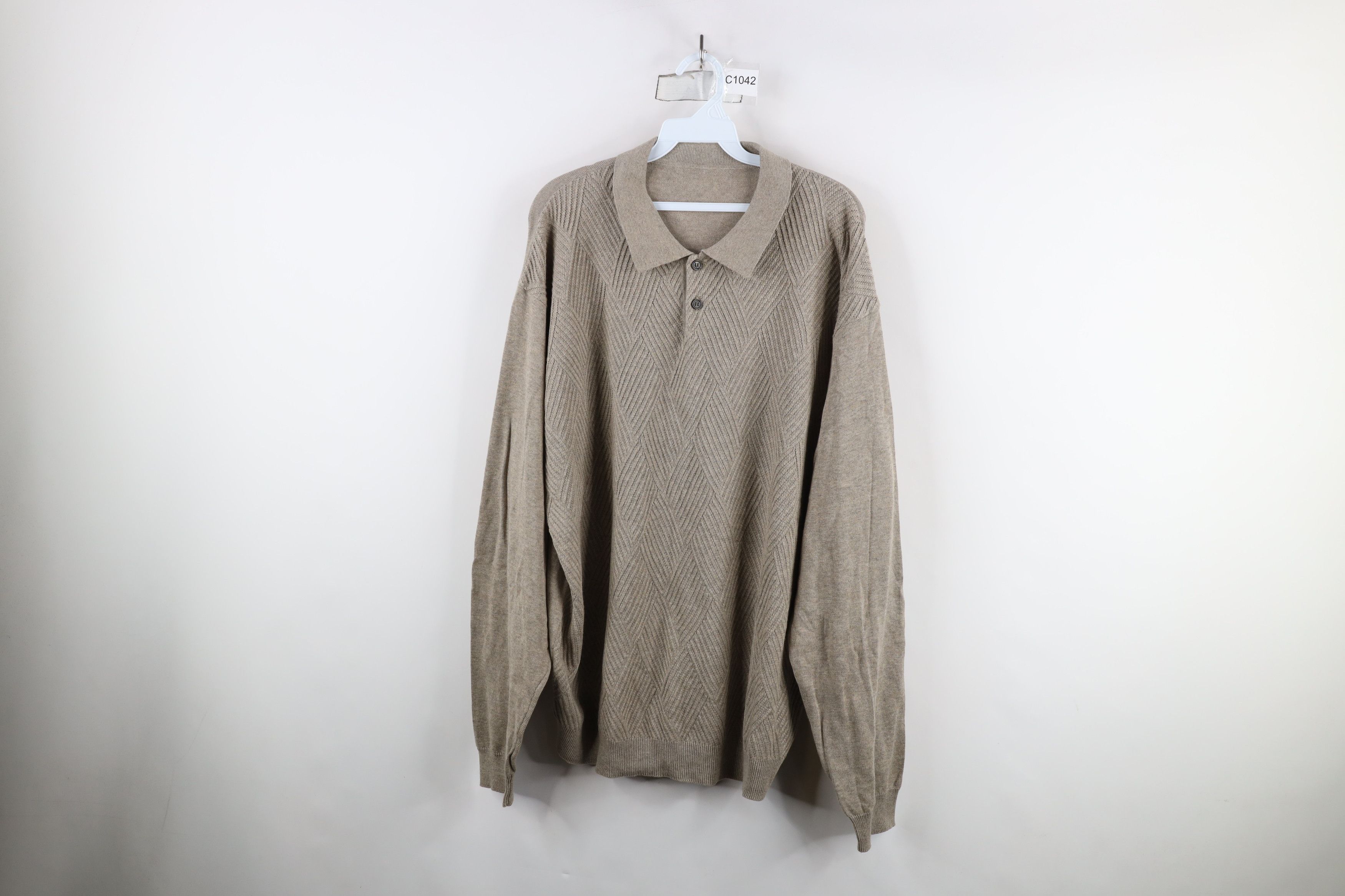Vintage Vintage 90s Streetwear Diamond Knit Collared Polo Beige Size US XXL / EU 58 / 5 - 1 Thumbnail
