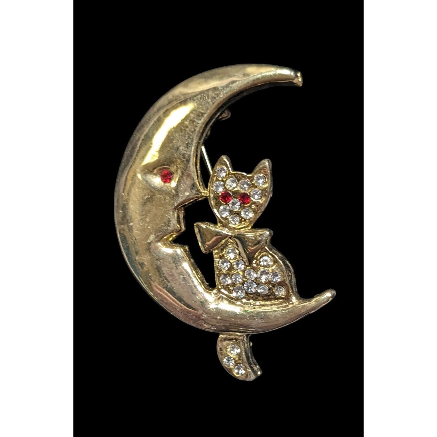 Other Moon And Cat Gold Tone Brooch With Rhinestone Accents Size ONE SIZE - 1 Thumbnail