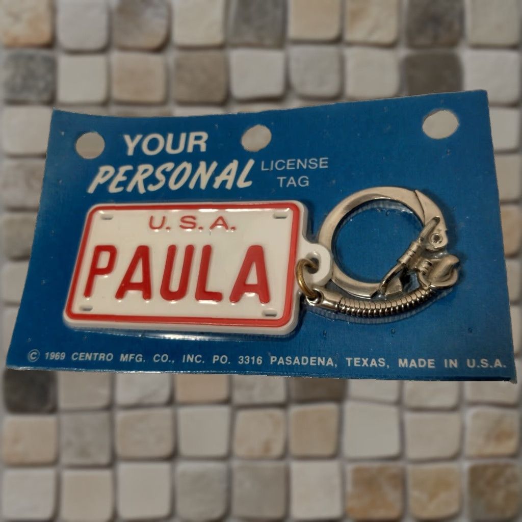 Vintage VINTAGE Centro MFG Co. Paula USA License Plate Keychain Personalized Woman's Accessory Solid Red White Silver 90s Size ONE SIZE - 1 Thumbnail