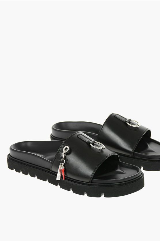 image of Neil Barrett Leather Pierced Punk Slides With Chili Pepper Charm in Black, Men's (Size 7)