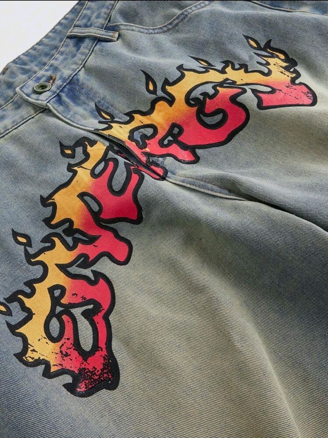 Japanese Brand × Jean Flame Letter Print Baggy Jorts Street Life Size US 33 - 3 Thumbnail