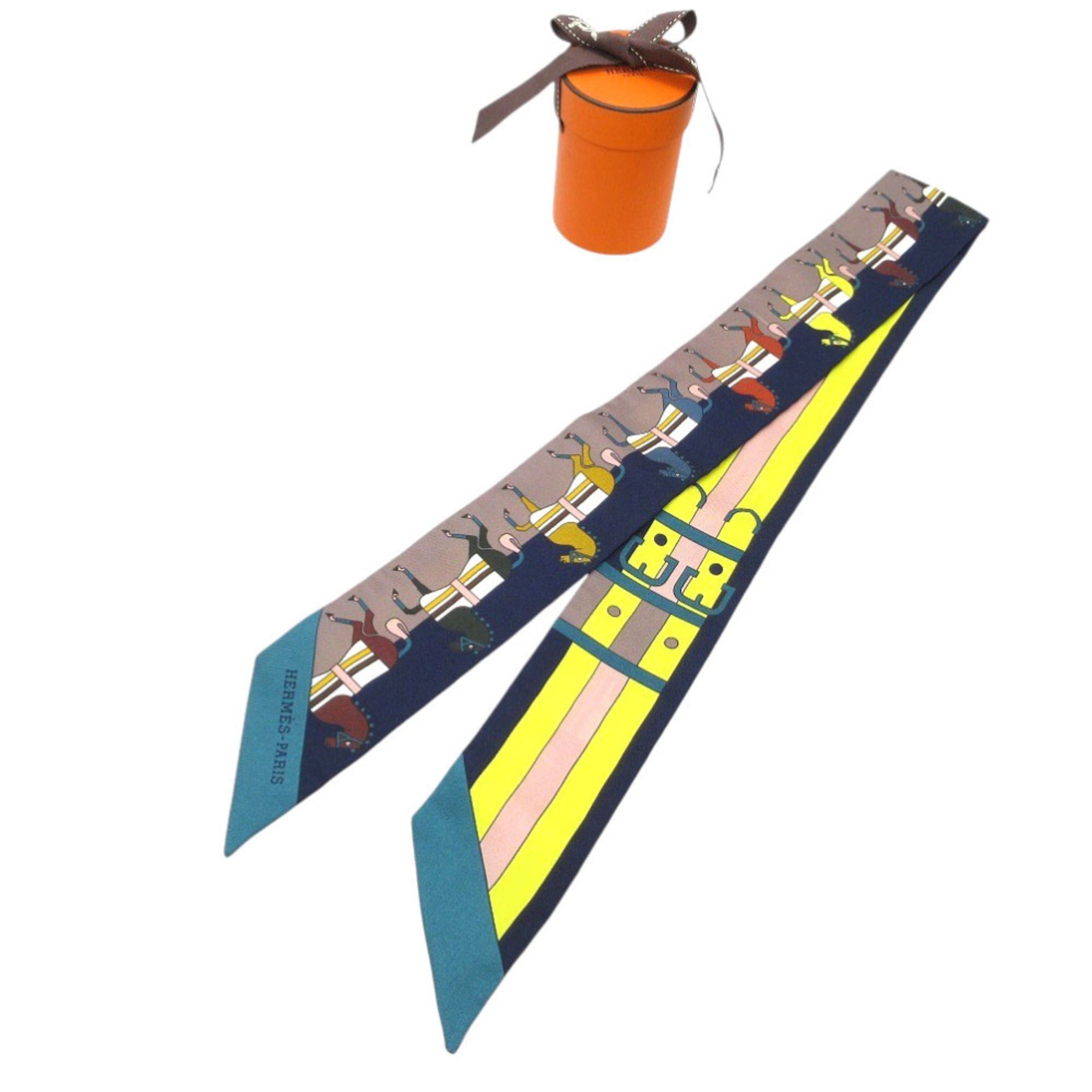 Hermes Like new Hermès Twilly Rocabar Horse Belt Scarf Silk Muffler Navy Greige Yellow 0285HERMES Size ONE SIZE - 1 Thumbnail