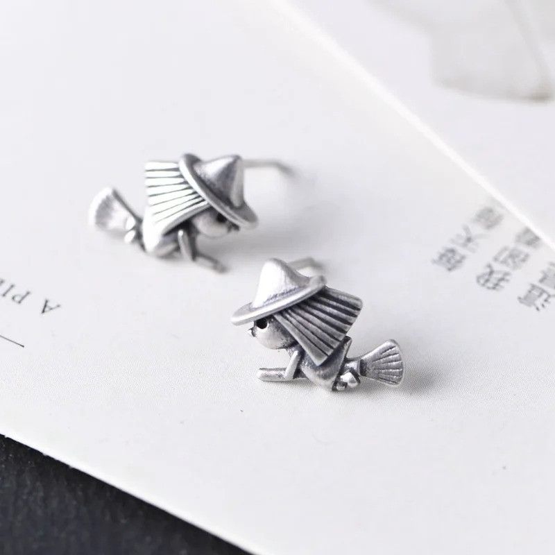 Jewelry Flying Witch Stud Earrings 925 Sterling Silver Ear Gift Size ONE SIZE - 3 Thumbnail