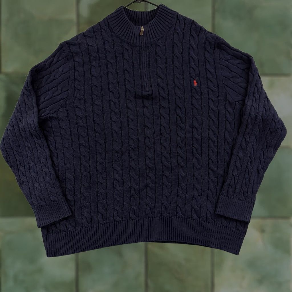 Ralph Lauren VINTAGE Polo Ralph Lauren Sweater Mens 4XLT Cable Knit Quarter Zip Navy Blue Preppy Size US XXL / EU 58 / 5 - 1 Thumbnail