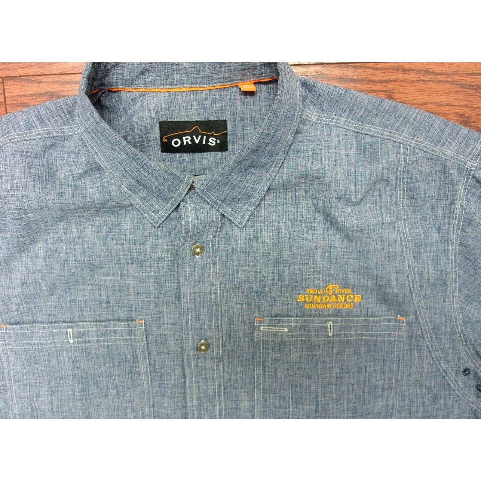 Orvis Orvis Sundance Mountain Resort Provo River Button-Up Shirt Mens XL Blue Embroidered Pocketed Satin Knit Front-Button Casual Size US XL / EU 56 / 4 - 2 Thumbnail