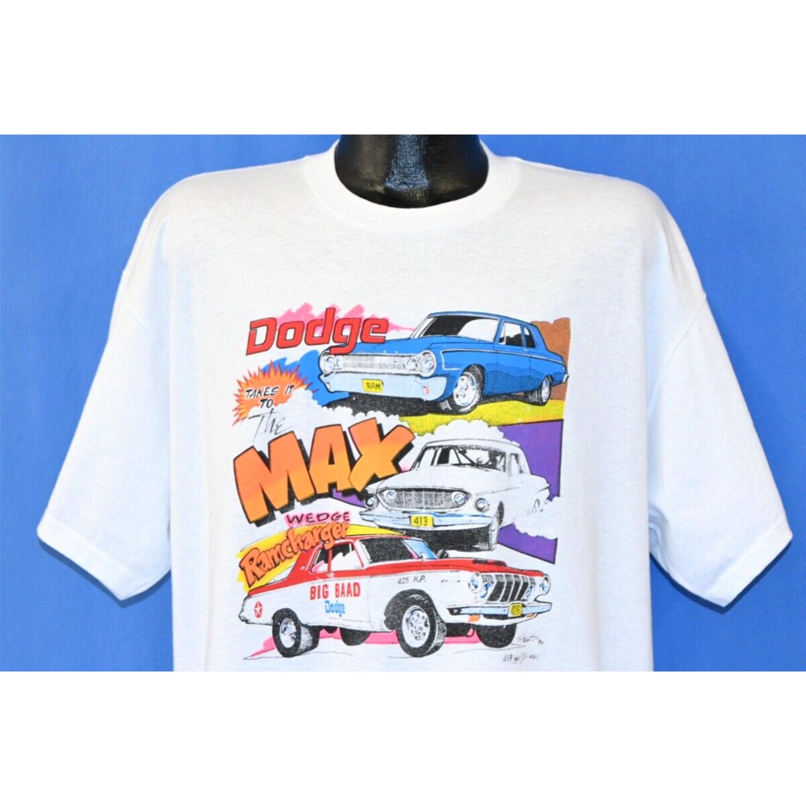 image of Vintage VTG 90's Dodge Takes It To Max Wedge Ramcharger Big Baad Pro Street T-Shirt XL in White