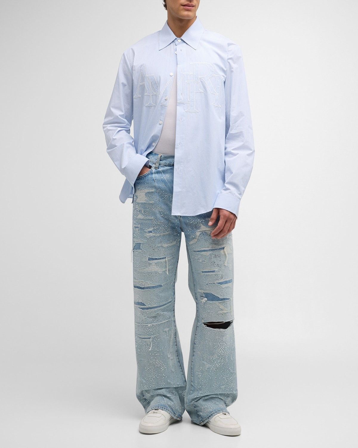 Amiri o1s1wg110525 Crystal-Embellished Repaired Baggy Jeans Blue Size US 32 / EU 48 - 4 Thumbnail