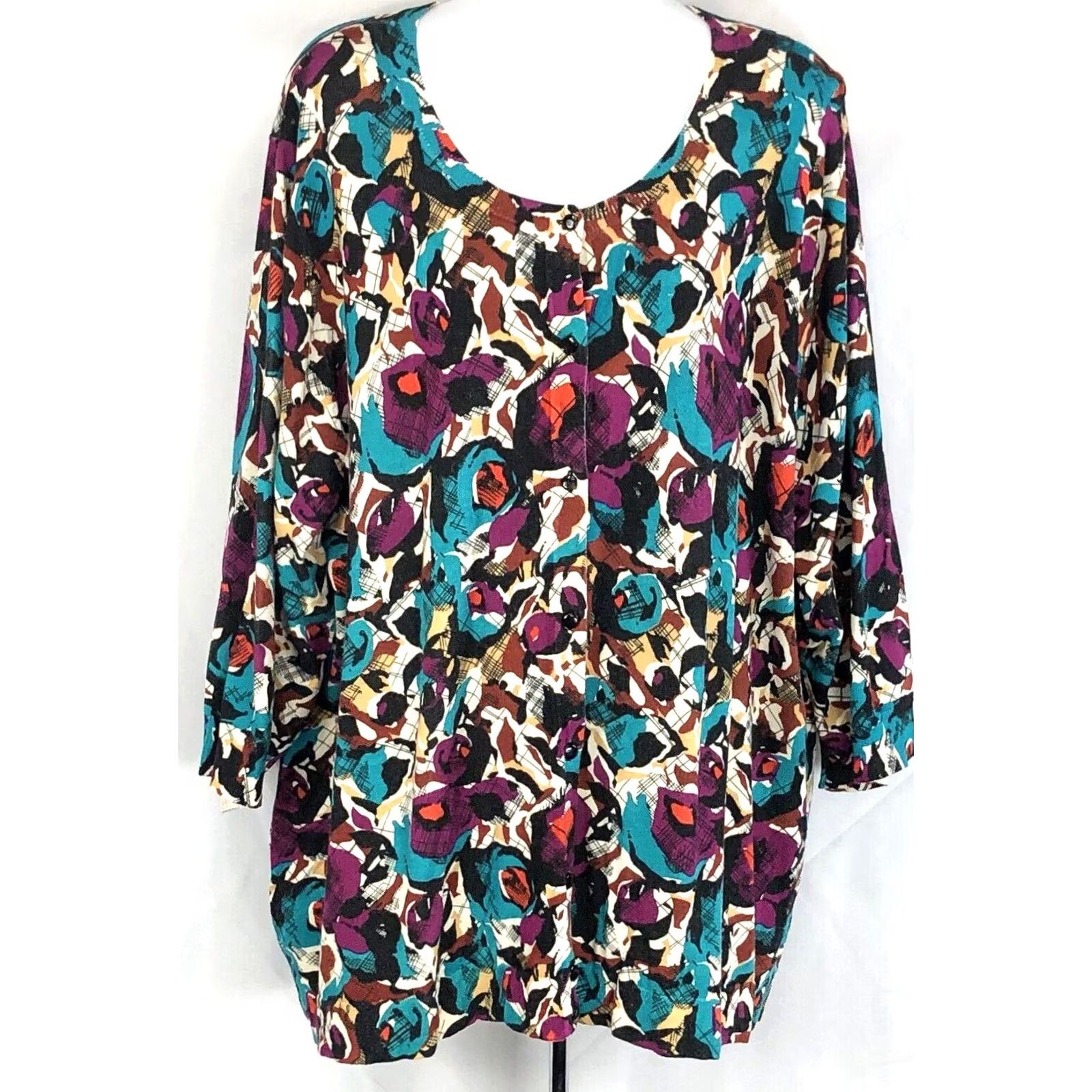 Vintage Lane Bryant Sweater Womens 22/24 Purple Teal Abstract Geo button sleeve Artsy Size 3XL / US 20-22 - 2 Thumbnail