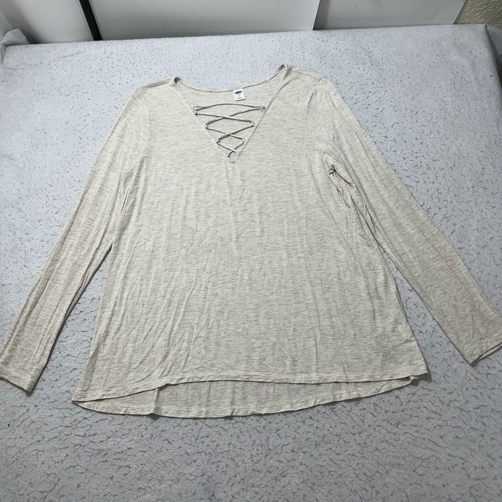 Old Navy Old Navy Medium Relaxed Lace-Up-Yoke Sparkle-Knit Top Beige Size M / US 6-8 / IT 42-44 - 1 Thumbnail