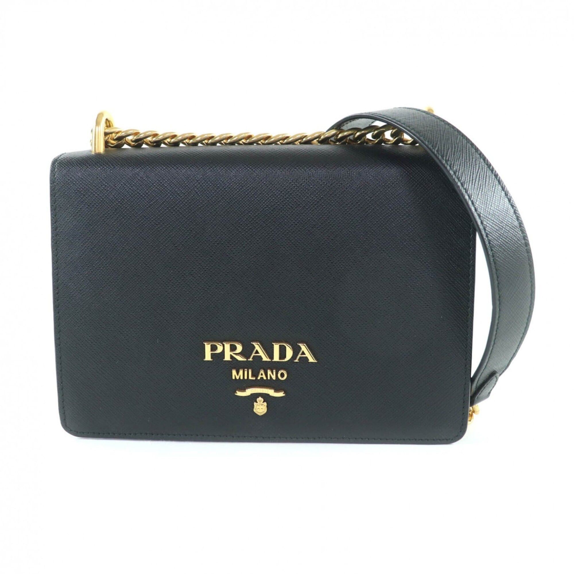 Prada PRADA 1BD133 Saffiano Leather Mini Bag with Metal Logo and Chain Shoulder Bag, Black Gold Hardware, Comes Dust Women's. Size ONE SIZE - 1 Thumbnail