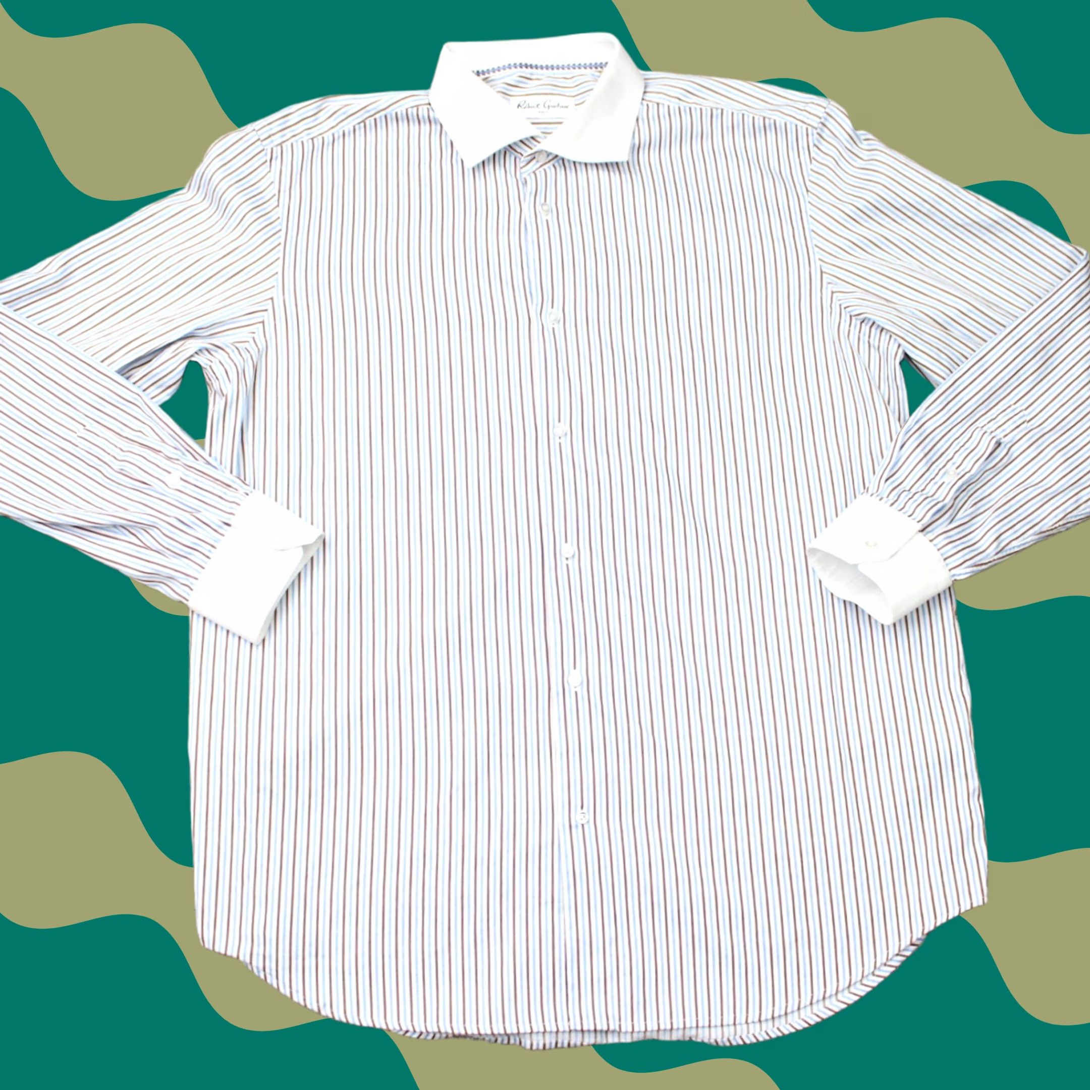 Robert Graham Robert Graham Shirt Mens 17.5 44 Blue/Brown Contrast Collar Cotton Long Sleeve Dress Shirt Mens Size US XXL / EU 58 / 5 - 1 Thumbnail