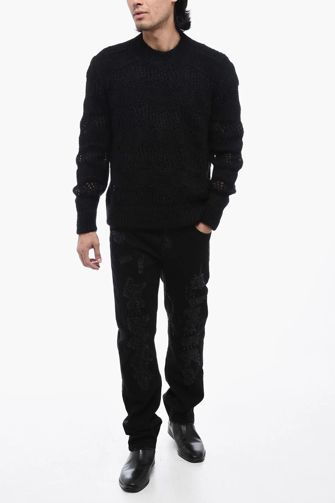 Saint Laurent Paris og1mm0426 Openwork Mohair-Blend Crewneck Sweater in Black Size US L / EU 52-54 / 3 - 4 Thumbnail