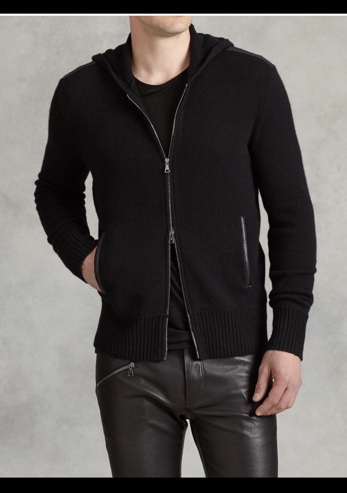 John Varvatos Zip-Up leather trim Hoodie medium. Size US M / EU 48-50 / 2 - 9 Thumbnail