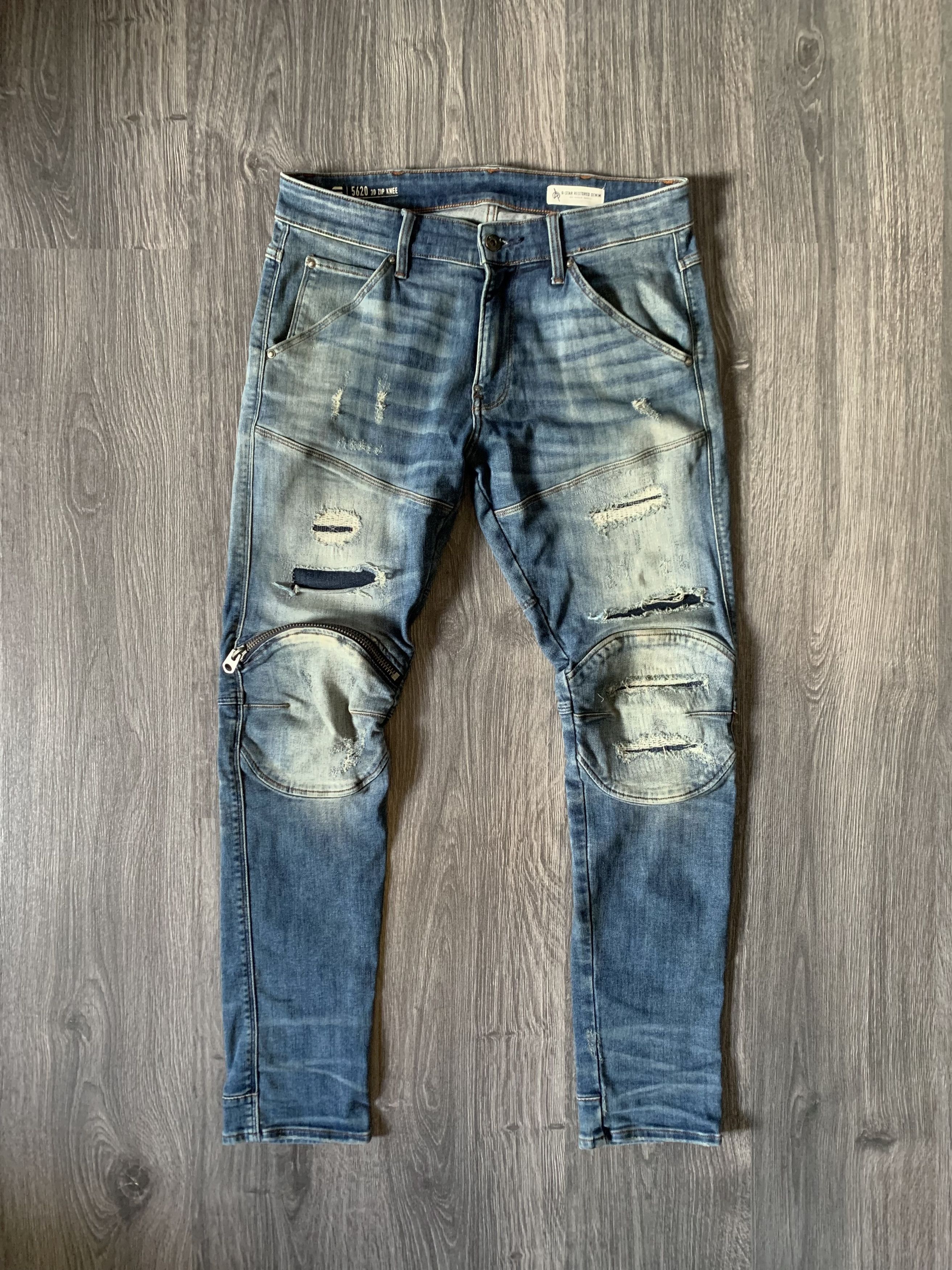 Pre-owned G-star Raw 5620 Jeans 3d Zip Knee Skinny Distressed Jeans In Blue Denim