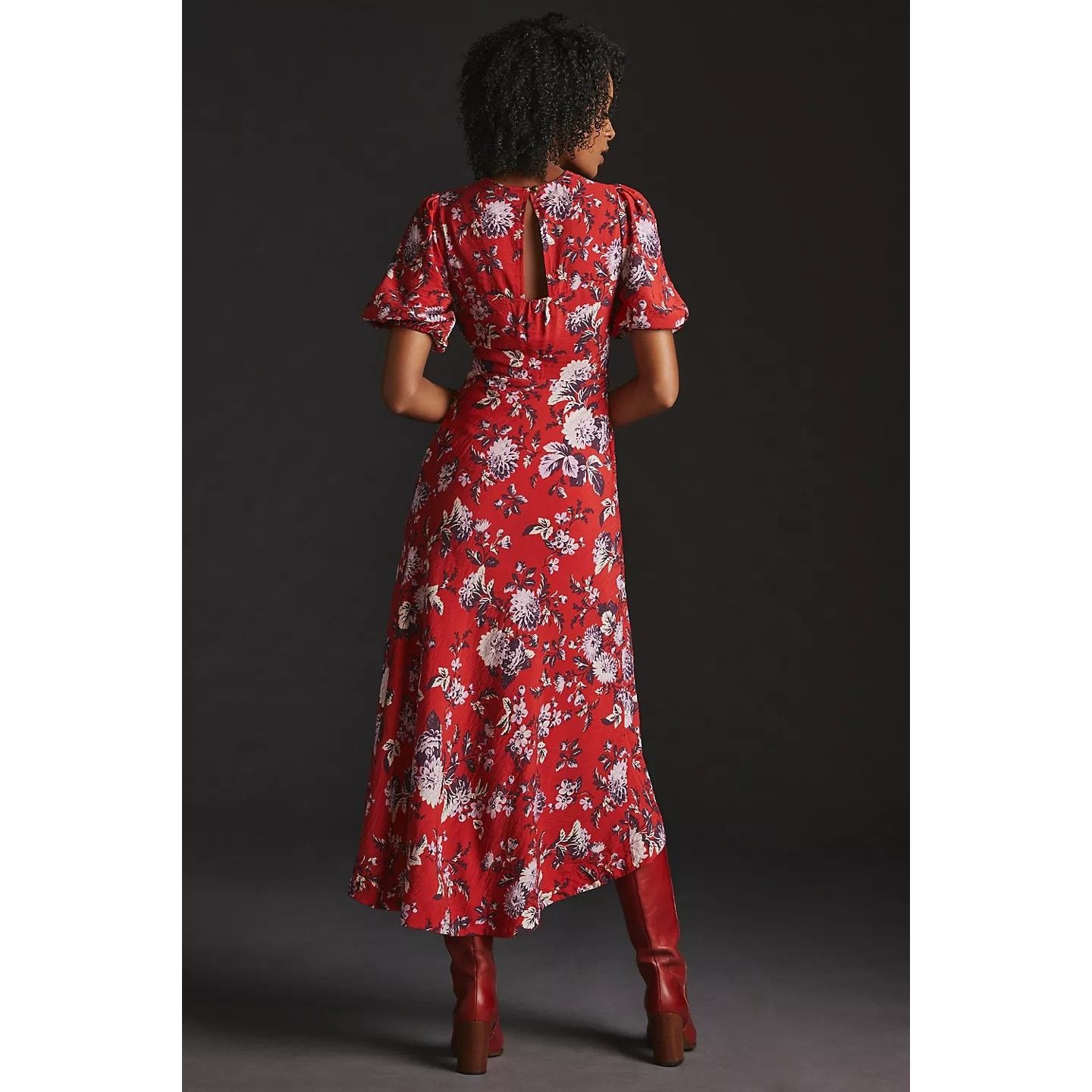 Anthropologie New Maeve Puff-Sleeve Floral Midi Dress $160 Sz 6 Red Size M / US 6-8 / IT 42-44 - 4 Thumbnail