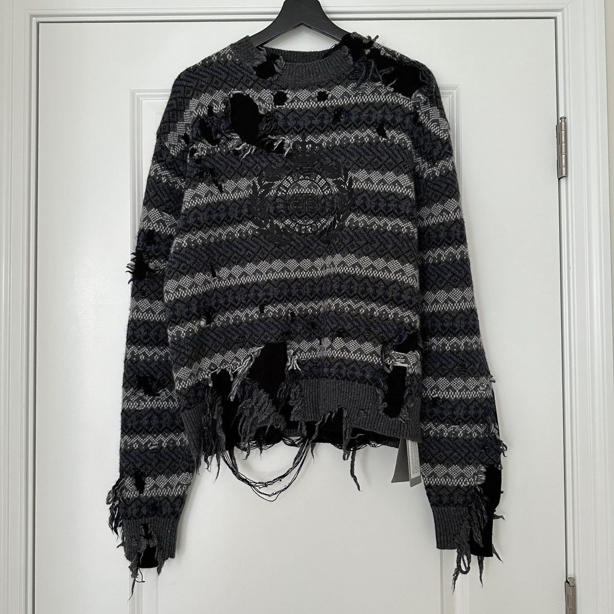 image of Balenciaga Destroyed Wool Sweater in Grey, Men's (Size Small)