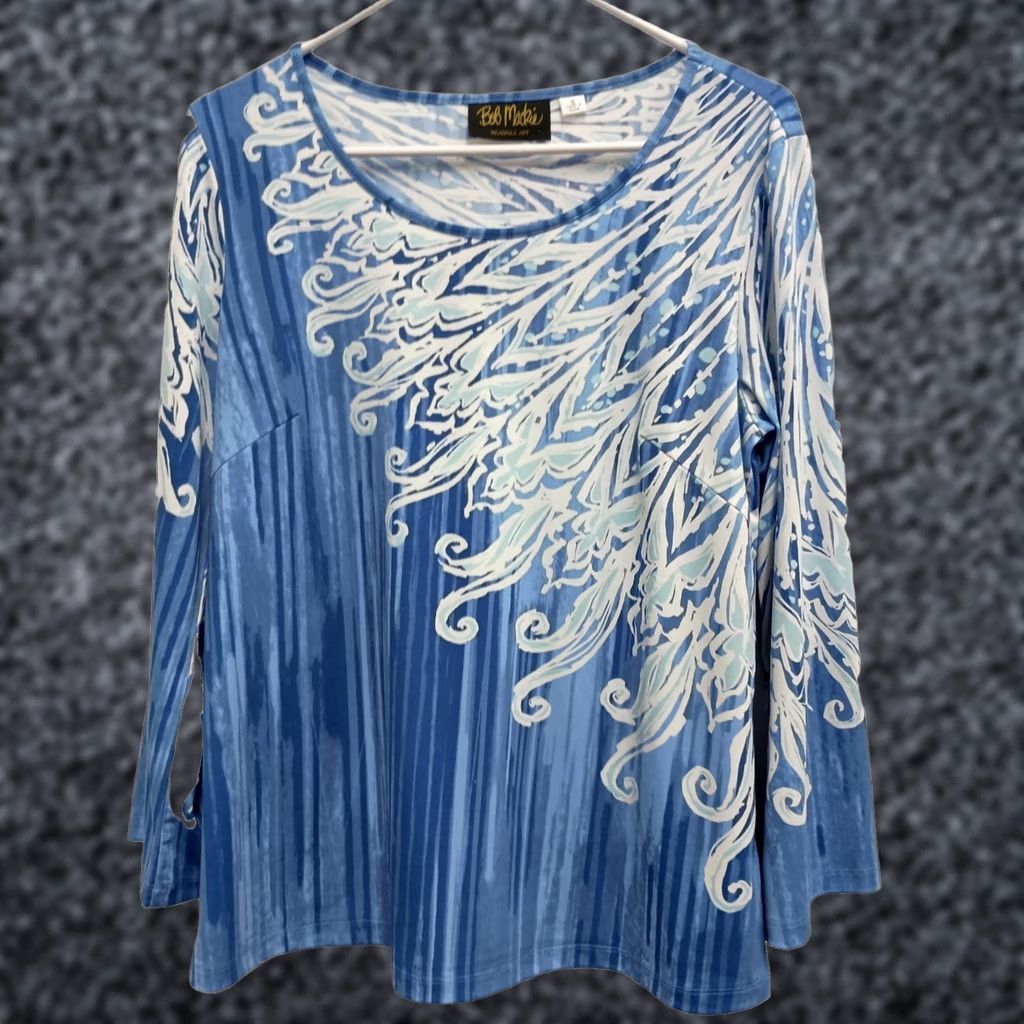 Bob Mackie Bob Mackie Wearable Art Top Small Blue White Floral Boat Neck Long Sleeve Womens Size S / US 4 / IT 40 - 1 Thumbnail