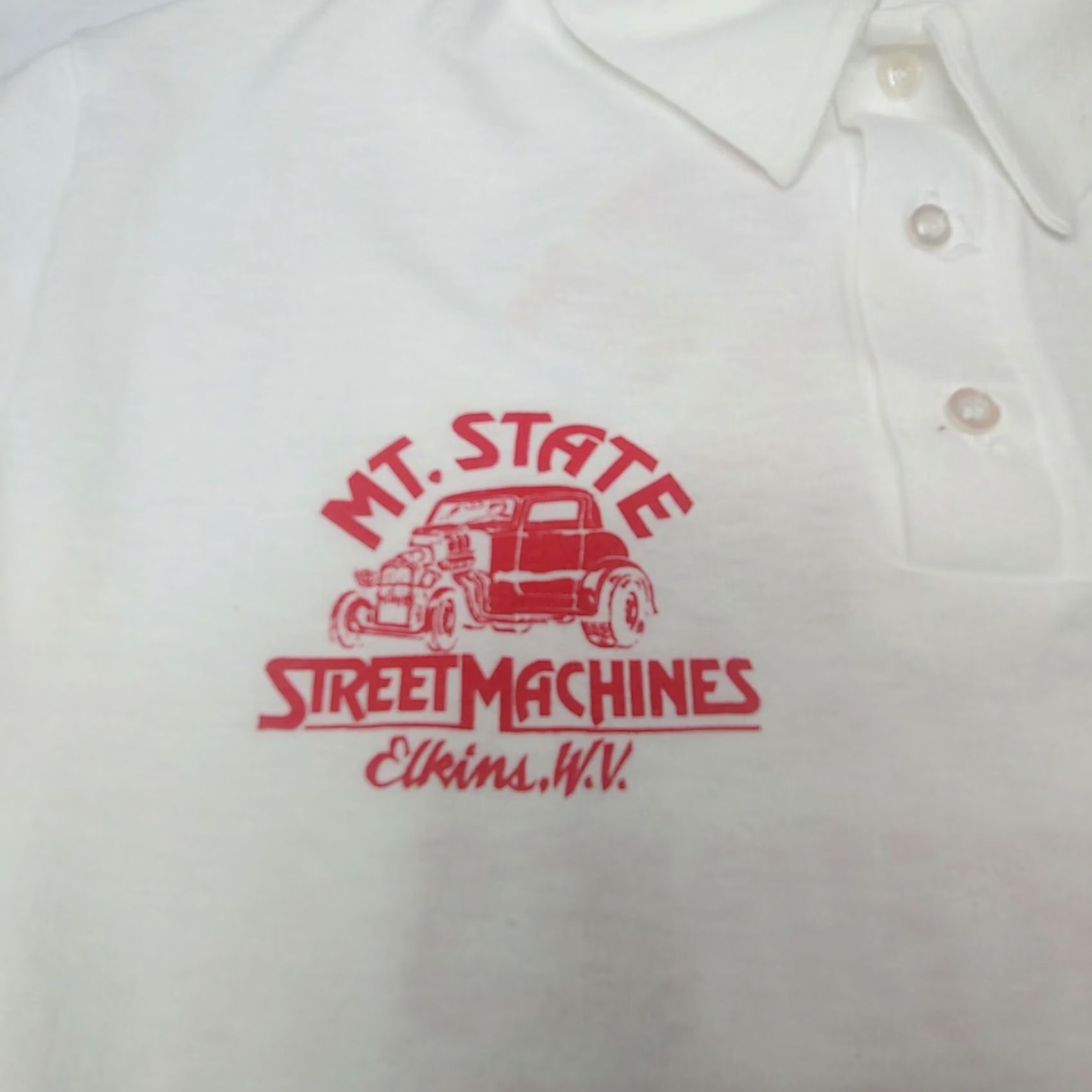 Vintage VINTAGE Single Polo Shirt Mountain State Street Machines White Large Mens Short Sleeve Collared Cars Hot Rod Size US L / EU 52-54 / 3 - 3 Thumbnail