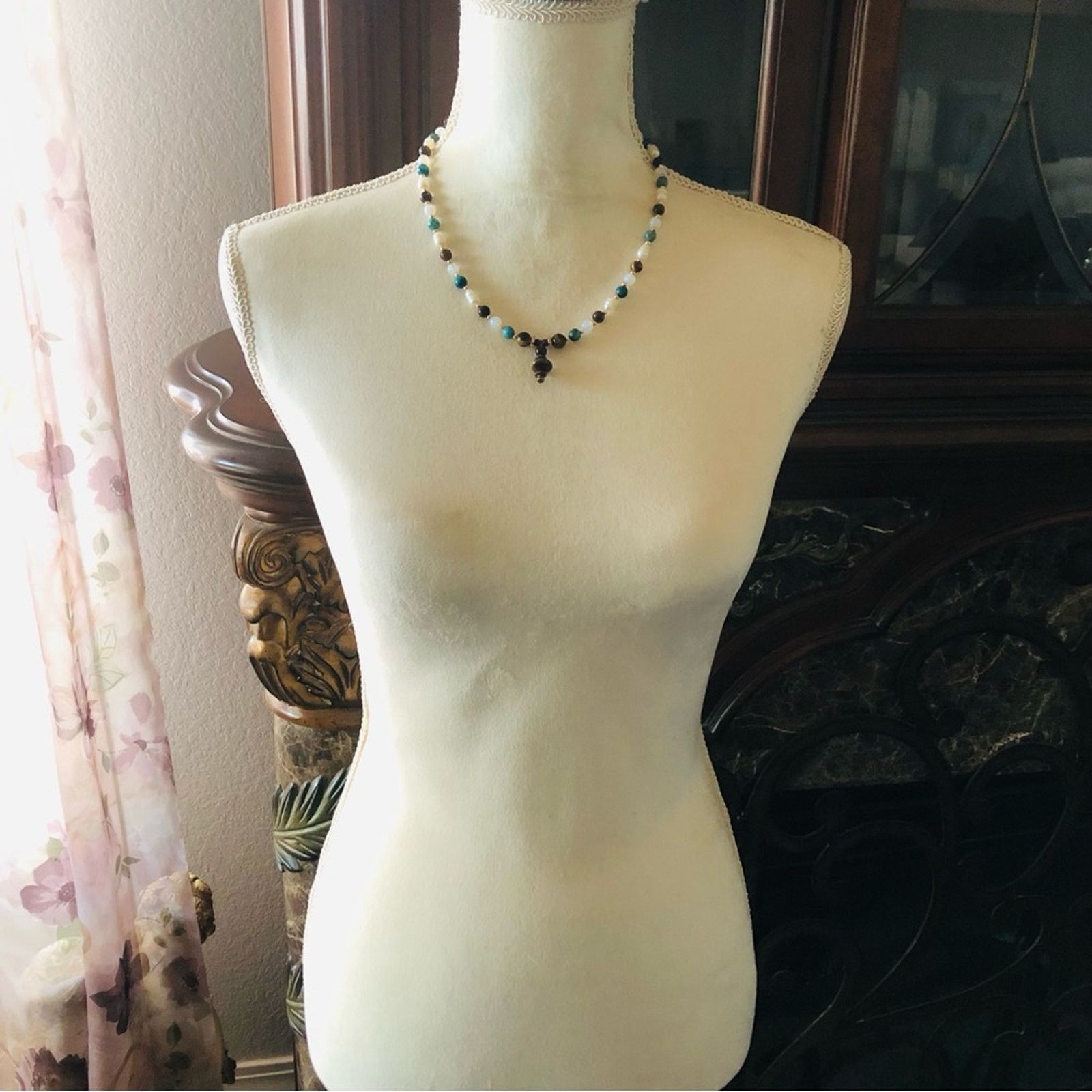 Handmade Handcrafted Tiger eye howlite stone genuine pearl necklace Size ONE SIZE - 6 Thumbnail