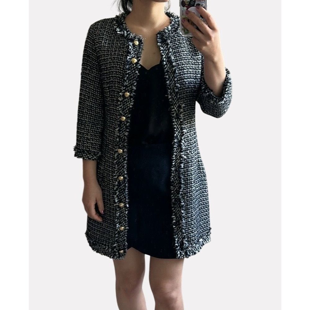 Zara Classic Tweed Boucle Jacket M Navy White Sequin Gold Button Size M / US 6-8 / IT 42-44 - 1 Thumbnail