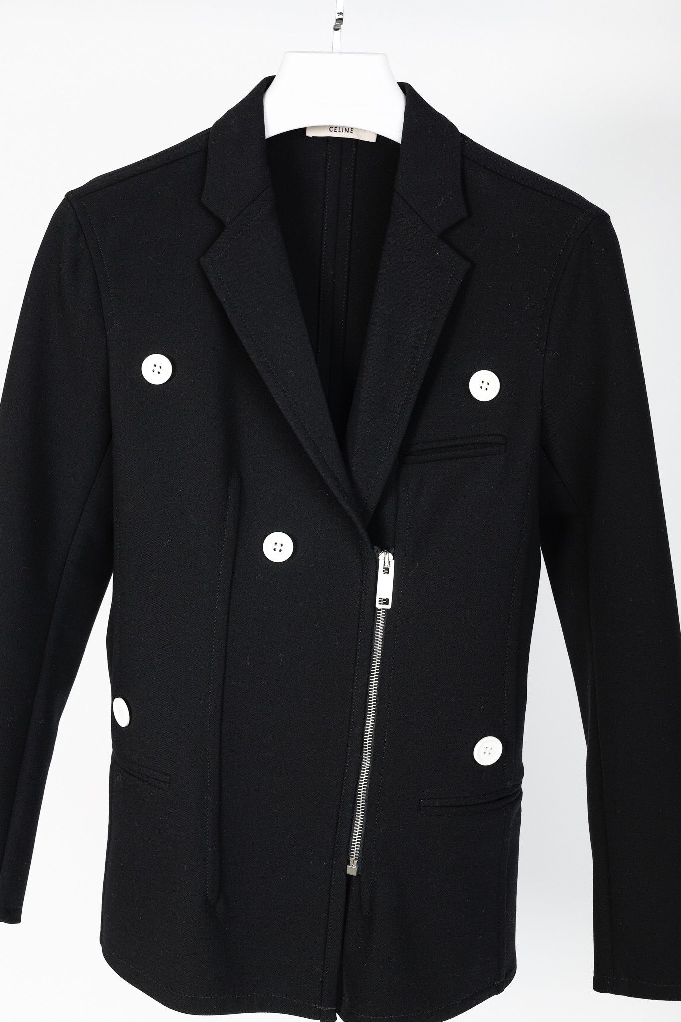 Celine × Phoebe Philo Celine SS/16 Runway Black Wool Crepe White-Button Zip Blazer Size M / US 6-8 / IT 42-44 - 3 Thumbnail