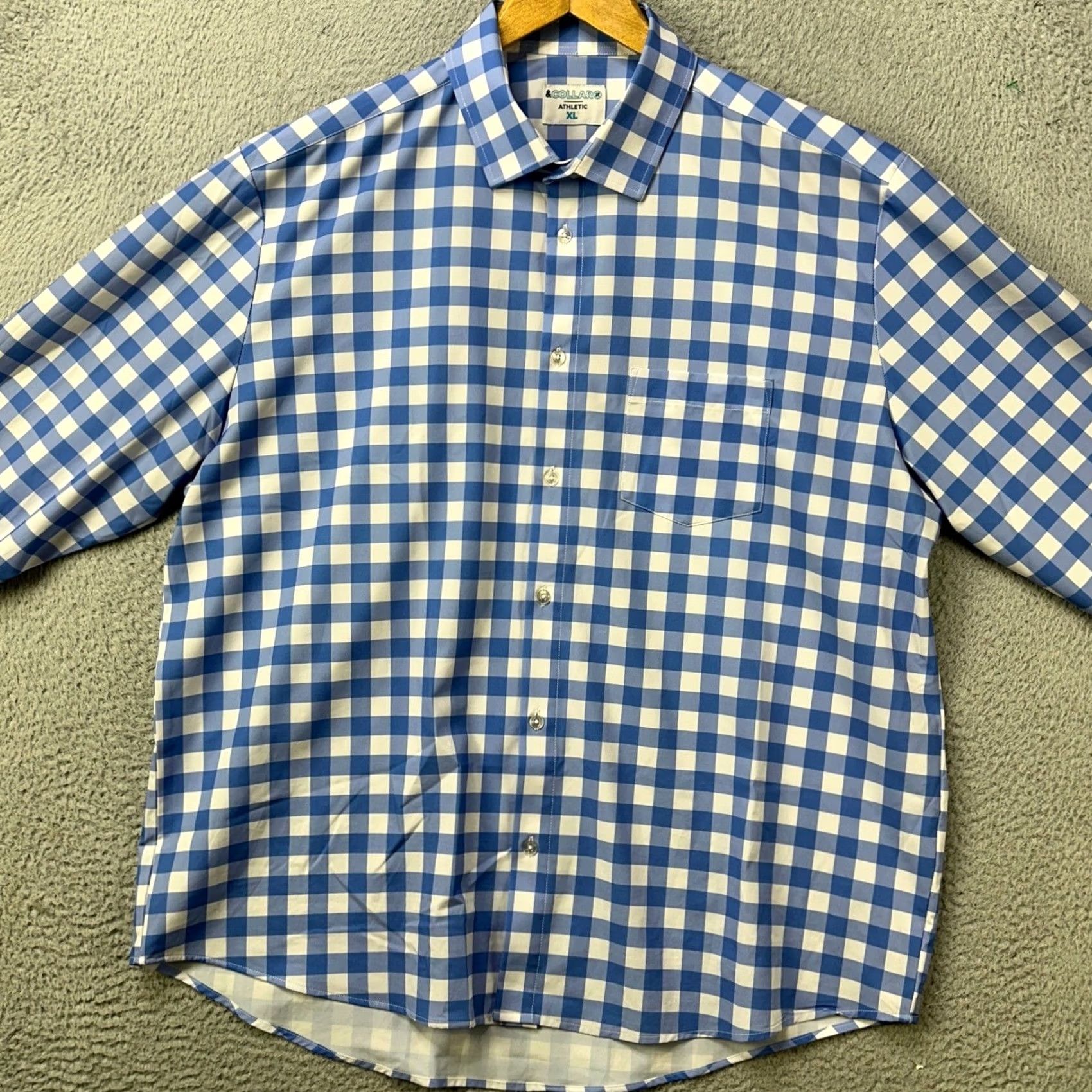 Vintage VINTAGE? No, not vintage. Collaro Athletic Shirt Men XL Blue Check Gingham Short Sleeve Button-Up Casual Sports Preppy Menswear 52 in Chest 29 in Size 46R - 3 Thumbnail