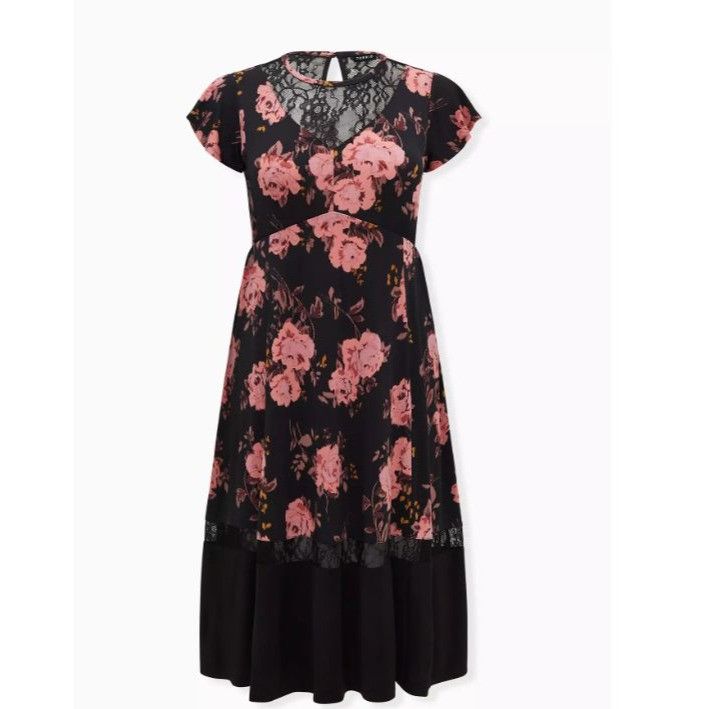 Torrid Black Floral Lace Trim Midi Dress Romantic Plus Size