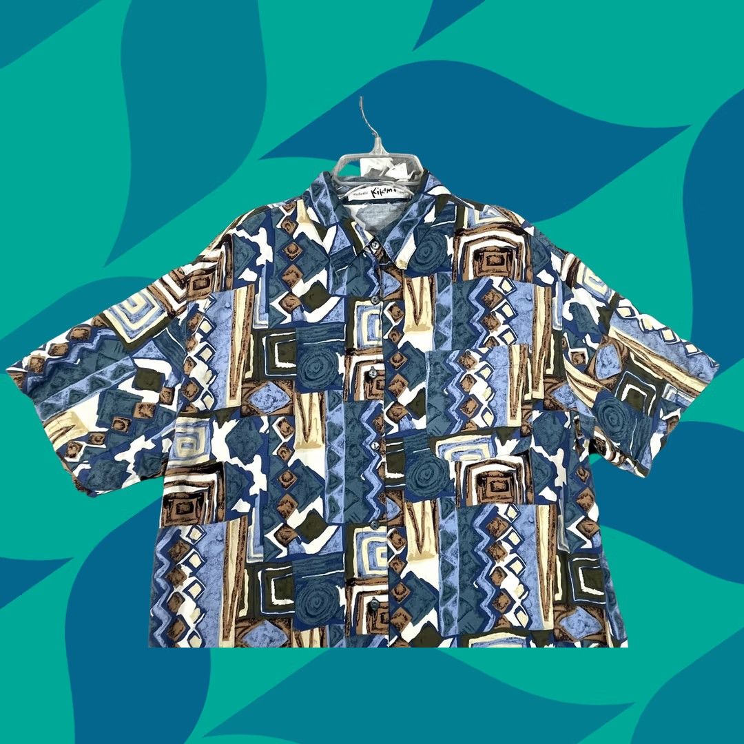 Vintage Kikomo Shirt Mens XL Blue Geometric Hawaiian Short Sleeve Button Up Casual Size US XL / EU 56 / 4 - 1 Thumbnail